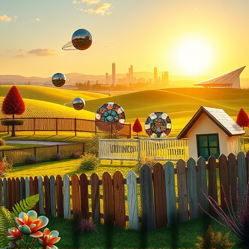 A vibrant Art Deco scene featuring a modern vinyl fence in Camden, Ohio, showcases intricate geometric patterns typical of the style. The tall white vinyl fence stands amidst lush greenery and colorful flower beds, creating a striking contrast. In the foreground, a whimsical garden gnome peeks from behind the fence. The background depicts Camden's skyline with elegantly styled vintage buildings in rich gold and teal, reflecting the town's history and contemporary transformation. The atmosphere is professional yet playful, with butterflies fluttering around, symbolizing the durability of vinyl. A serene pastel sky adds to the inviting mood, while the color palette of golds, teals, and whites embodies the sophistication of the Art Deco aesthetic, perfectly aligning with the topic of vinyl fencing.