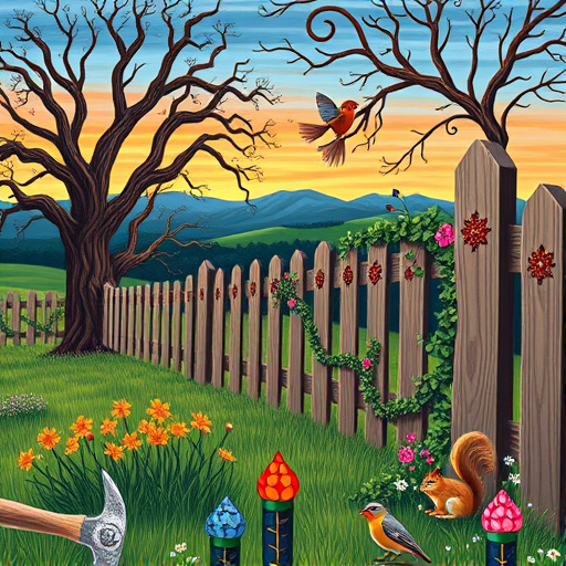 A vibrant ColorFieldPainting cover image for a blog titled "Fence Builders Near Me in Springfield, Ohio," features an abstract depiction of a serene suburban neighborhood. The focal point is a beautifully crafted wooden fence in warm hues of brown and earthy greens, representing craftsmanship and community. Surrounding the fence are colorful splashes symbolizing blooming flowers in shades of yellow, orange, and pink, creating a lively atmosphere. Playful butterflies in complementary colors flit around, adding whimsy to the scene. The mood is calm yet cheerful, reflecting a close-knit community that values quality workmanship and outdoor spaces. In the background, soft rolling hills in blue and green merge under a gentle sunset sky filled with pastel tones of lavender and peach, evoking tranquility and a sense of home. Subtle motifs of tools like a hammer, saw, and paintbrush are abstractly integrated into the background, blending with the color fields and enhancing the interplay between art and craftsmanship. The composition invites viewers to connect with their community's essence while highlighting the importance of quality fencing.
