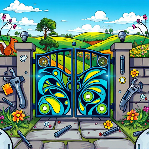 A captivating blog cover image featuring a beautifully intricate wooden fence under construction in Monroe, Ohio. The scene showcases detailed craftsmanship with ornate wooden posts and lattice work, set against a charming lush landscape of gentle rolling hills and vibrant wildflowers. A professional yet warm tone evokes a sense of community and trust among local craftsmen. Quirky details include a playful squirrel peeking from behind a fence post and a hand-painted 'Welcome' sign adding whimsy. The Baroque art style enriches the scene with earthy browns, vibrant greens, and soft golden hues, creating a warm and inviting atmosphere.