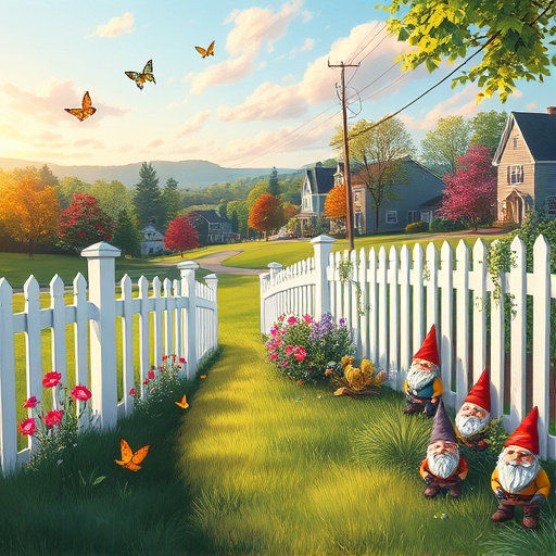 Alt text: A captivating blog cover image featuring a beautifully crafted iron gate with intricate swirling floral patterns and ornate detailing, symbolizing craftsmanship and quality for a gate company in Englewood, Ohio. The gate is surrounded by lush greenery and blooming flowers, creating a vibrant and welcoming atmosphere. A wooden fence is partially visible in the background, enhancing the rustic feel that connects to Ohio's natural landscape. The scene includes whimsical elements like playful squirrels and colorful butterflies, contributing to a serene yet lively ambiance. The tranquil suburban background showcases soft rolling hills and a clear blue sky, reflecting themes of home and security. The Art and Crafts Movement style is evident through textured brushstrokes and earthy tones, emphasizing organic materials and craftsmanship, embodying a trusted gate company serving the community.