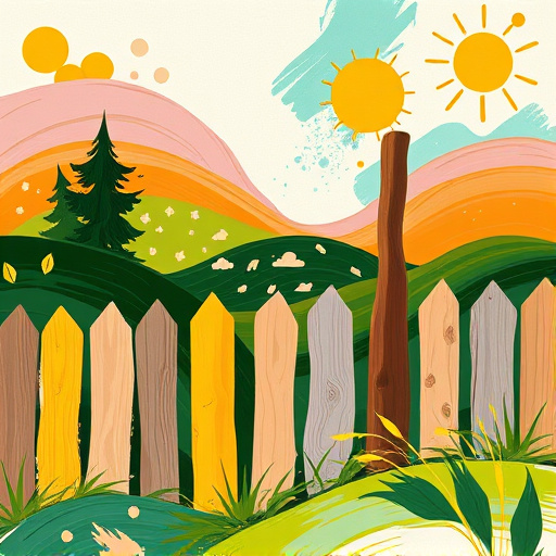 A vibrant PopArt style blog cover image themed around "Fence Builders in Miamisburg, Ohio." The artwork features a colorful wooden fence under construction, accompanied by playful cartoonish tools such as hammers, saws, and paintbrushes in bright colors. The background includes the iconic Miamisburg Mound, illustrated with bold outlines to highlight the local charm. Whimsical birds perch on the fence, observing the scene, while colorful flowers peek through the grass, adding warmth. The color palette showcases sunny yellows, deep blues, earthy browns, with vivid red and green accents, creating an energetic and inviting atmosphere. The overall tone captures community spirit and craftsmanship, emphasizing a friendly neighborhood environment.