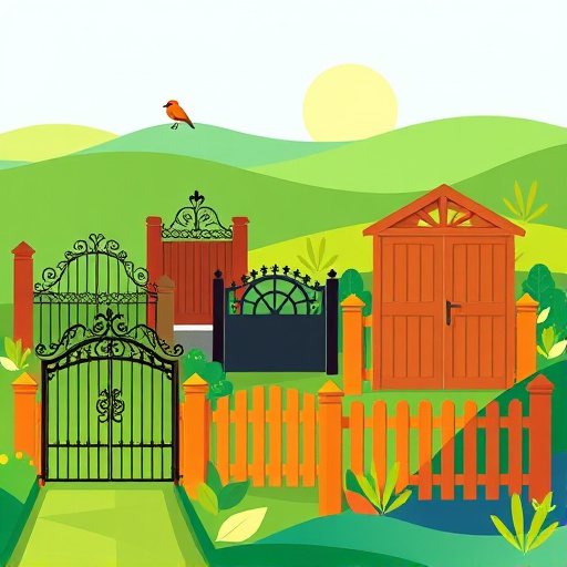 A vibrant cubist representation of a contemporary gate company in Lebanon, Ohio, showcasing a variety of artistic gates in an abstract, fragmented design. The scene features ornate wrought iron and sleek modern gates, arranged to convey depth and perspective. Each gate is stylized with overlapping geometric shapes, emphasizing angles and forms, with harmonious colors of deep blue, rich green, and soft gold creating a professional yet inviting atmosphere. The whimsical background includes abstract representations of Lebanon’s historic buildings and charming streets, utilizing blocky forms and unconventional angles. Playful details, such as a colorful bird on one of the gates and swirling clouds, add quirky charm. The composition embodies community and craftsmanship, allowing the gates to narrate their own story in a calm and engaging mood, showcasing artistry and the distinctive character of Lebanon.