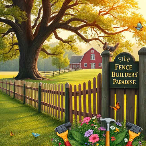 A picturesque landscape in Casstown, Ohio features a rustic, intricately designed wooden fence with Baroque elements, gracefully extending into the horizon. The scene is illuminated by warm, golden sunlight filtering through swaying trees, casting dappled shadows on the lush green ground. Nearby, a collection of vintage tools, including an ornately engraved hammer, a classic saw, and a whimsically coiled measuring tape, suggests the presence of a skilled craftsman. In the background, charming farmhouses with vibrant flowering vines are set against rolling hills, while the serene pastel sky is dotted with fluffy clouds. A curious deer peeks from behind a bush, adding to the tranquility of this idyllic rural setting. The rich color palette includes deep greens, soft browns, and subtle golds, embodying warmth, comfort, and a sense of community spirit intertwined with nature and craftsmanship.