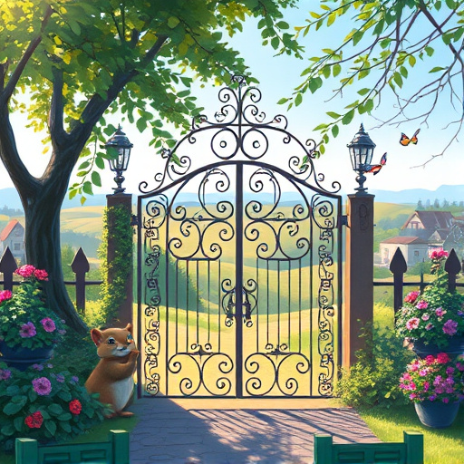 A vibrant street art mural in Camden, Ohio, showcases a whimsical fence that combines various styles, including wooden pickets, a rustic metal gate, and a living hedge, highlighting craftsmanship and nature. The mural is set in a sunny neighborhood filled with charming houses, each featuring unique garden elements like oversized flowerpots, playful sculptures, and colorful birdhouses. A friendly dog lounges nearby, while squirrels frolic, adding liveliness to the scene. The playful atmosphere is enhanced by a color palette of bright greens, warm browns, and sunny yellows. Graffiti-style doodles of tools such as hammers, nails, and paint cans inject creativity and humor, reflecting Camden's local character. The soft blue sky with playful clouds completes the vibrant street art aesthetic.