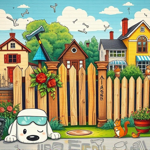 A vibrant and dynamic cover image featuring the theme "Fence Builders Near Me in Carlisle, Ohio." The artwork showcases a whimsical landscape filled with various fence styles, including classic white picket fences and rustic wooden designs, set against gently rolling hills and a bright blue sky. The foreground includes colorful flowers, buzzing bees, and playful butterflies. A cheerful dog peeks through a fence while a curious cat lounges atop it, adding personality to the scene. Subtle hints of residential homes can be seen among the greenery, suggesting a welcoming neighborhood atmosphere. The bold PopArt style employs a warm color palette with vibrant yellows, greens, and soft browns, creating a cheerful and inviting composition that evokes community charm. Ample white space is included for potential text, enhancing the overall appeal related to local fence building.