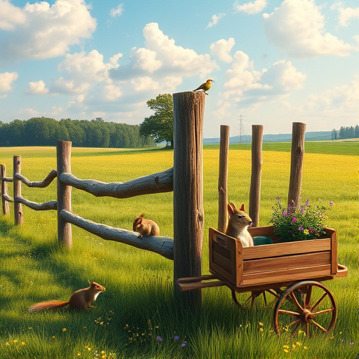 Alt text: A whimsical rural scene in Bellbrook, Ohio, featuring a vibrant wooden fence painted in teal and warm yellow, set against rolling green hills adorned with wildflowers. An oversized toolbox spills out playful tools, including hammers with smiley faces and dancing nails. In the background, a quaint red-roofed barn sits under a blue sky dotted with fluffy white clouds. Sunlight casts fluttering shadows on the intricately grained fence while birds with vibrant plumage flit nearby, enhancing the lively ambiance. The image conveys a friendly and inviting mood, celebrating local craftsmanship and community spirit through its harmonious color palette and imaginative art style.