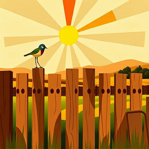 In a serene, sunlit landscape of Jackson Center, Ohio, a charming scene unfolds with a wooden fence being constructed, highlighting craftsmanship and community spirit. The foreground showcases intricately carved wooden fence posts entwined with lush vines and vibrant wildflowers, symbolizing growth and connection. Stray pets, including a curious cat and a playful puppy, roam between the posts, adding a whimsical touch. In the background, gentle rolling hills and distant trees create an idyllic countryside atmosphere. A vintage-style toolbox, filled with artisanal tools, rests on the grass, representing skilled labor and tradition. The image is dominated by soft, golden hues, evoking a friendly mood and detailed textures reminiscent of Renaissance art, inviting viewers into a tranquil moment of craftsmanship focused on the art of fence building in a picturesque setting.