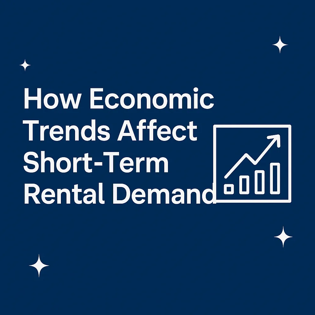 Graph or chart showing changes in short-term rental bookings over time, influenced by economic factors like inflation, interest rates, or travel trends, with icons representing money, housing, and travel.