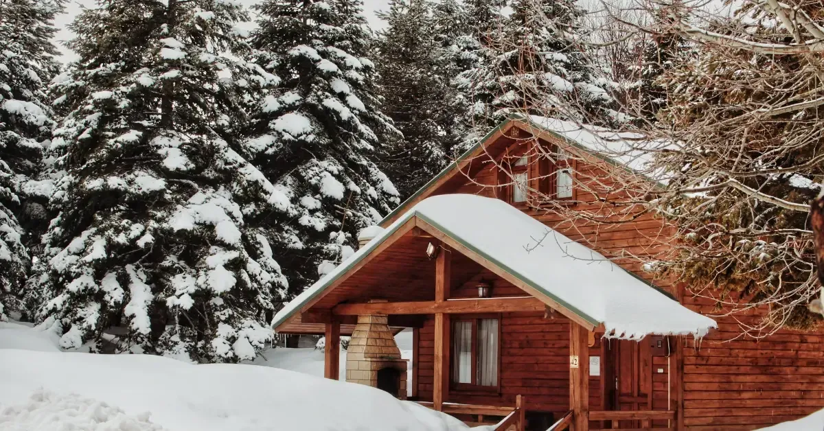 A wooden cabin with a snow-covered roof sits nestled among tall evergreen trees blanketed in snow, with bare branches in the foreground and a thick layer of snow on the ground.