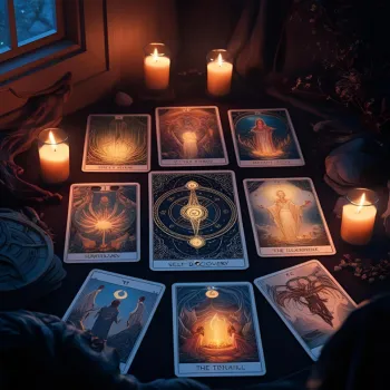 Mesa de Tarot con velas encendidas y cartas de Arcanos Mayores iluminadas por luz tenue