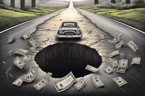 A vintage-style car labeled “Marketing Spend” drives toward a massive sinkhole in the middle of a cracked road labeled “Growth Plan.” Dollar bills flutter around and fall into the hole, symbolizing wasted budget.