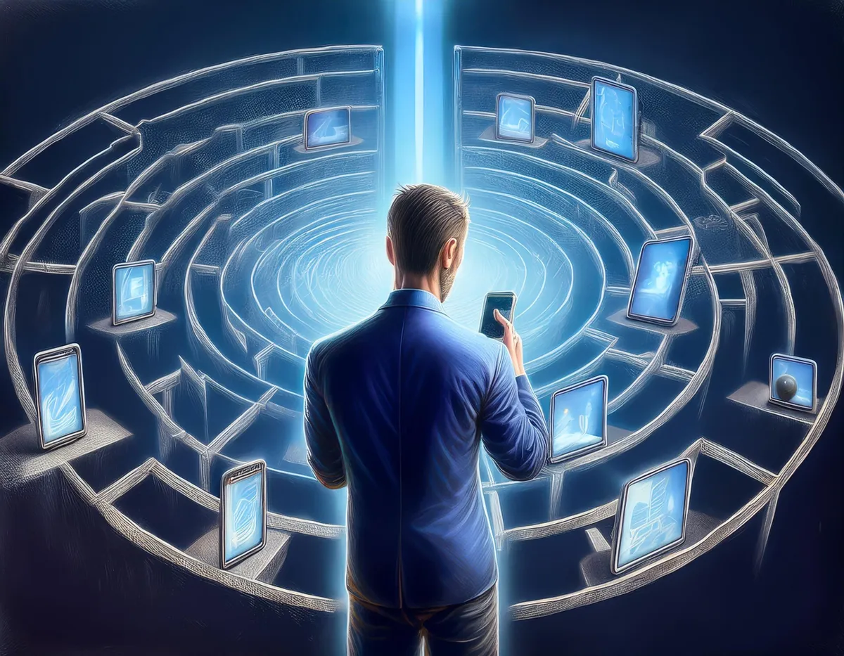 Person lost in a maze of glowing AI icons, representing confusion around tool adoption.