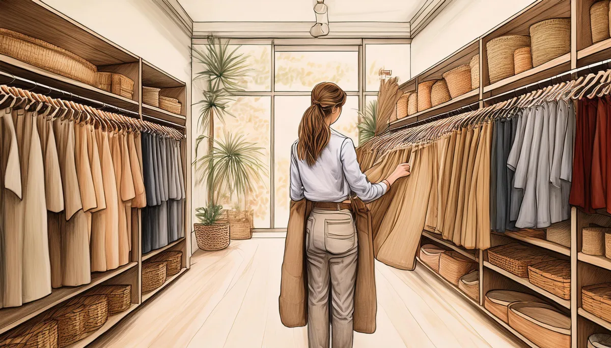A shopper admiring a well-designed linen pant or sustainable home item in a bright, inviting retail space
