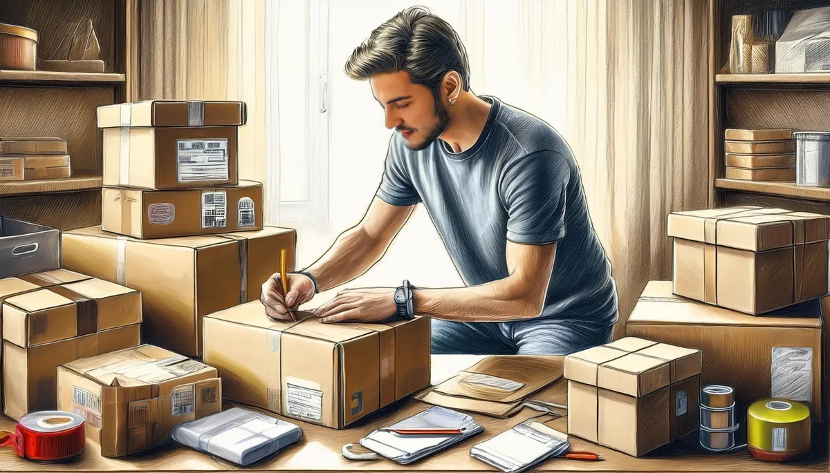 A shopper taping up a return box with shipping labels, surrounded by multiple packages.