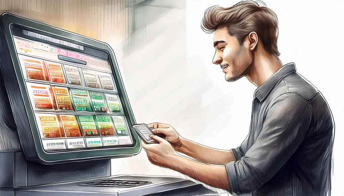 A customer at a digital checkout screen with a transparent breakdown of costs.