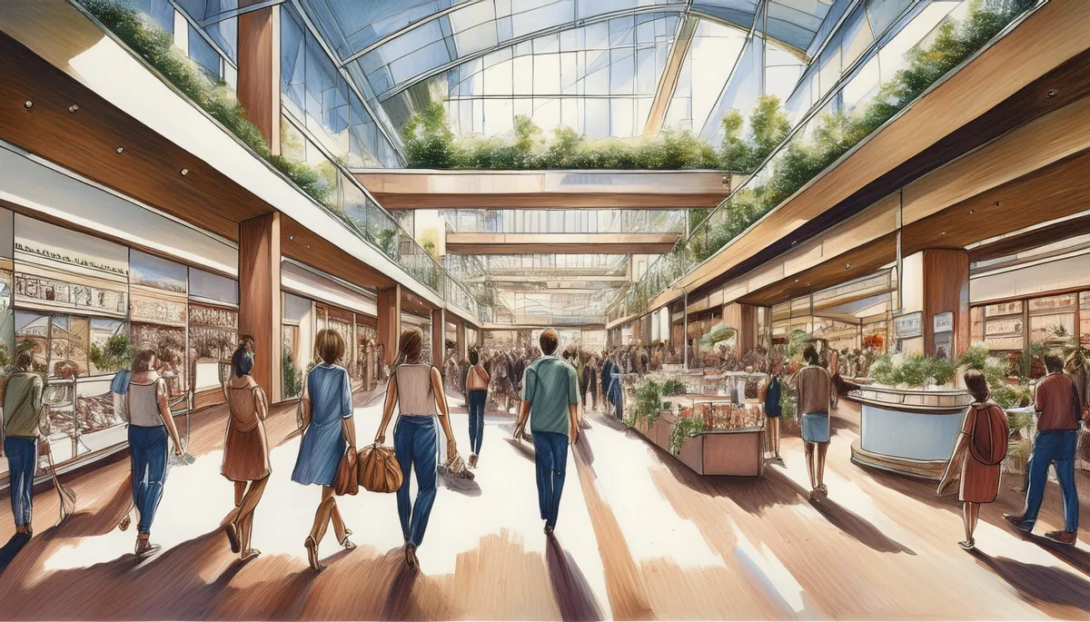 A modern retail space with a mix of products and a small event happening—people gathered, not just shopping.