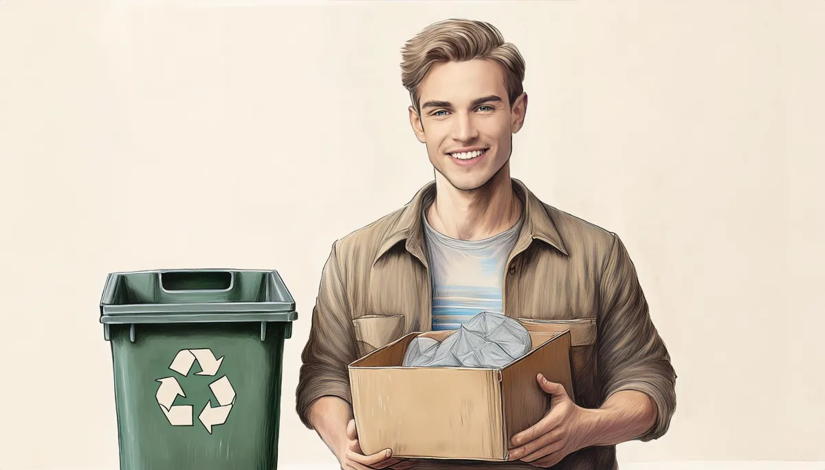 A delivery box next to a recycling bin, with both a positive and questioning vibe.
