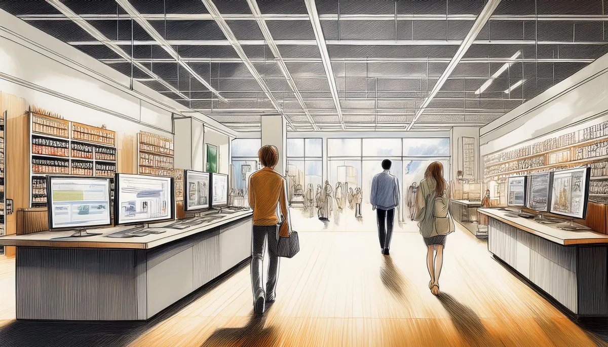 A calm, minimalist store or workspace contrasted with busy digital screens.