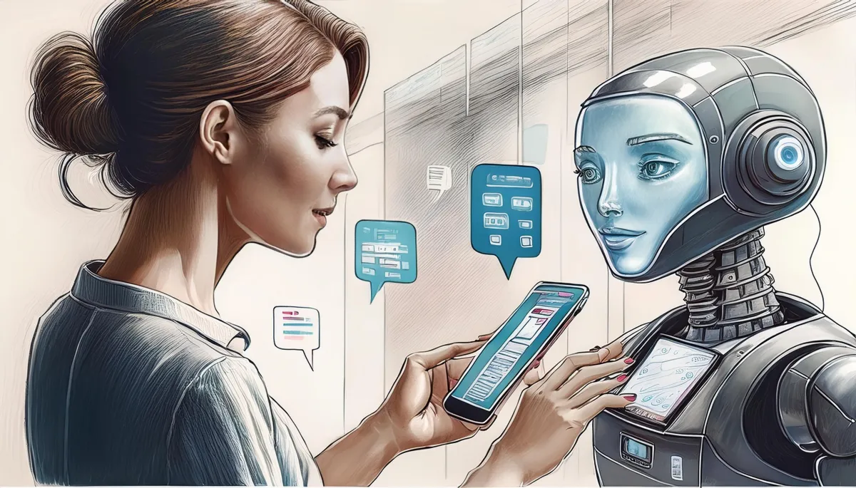 A customer interacting with a chatbot interface, split subtly to show both the machine and a human behind it.