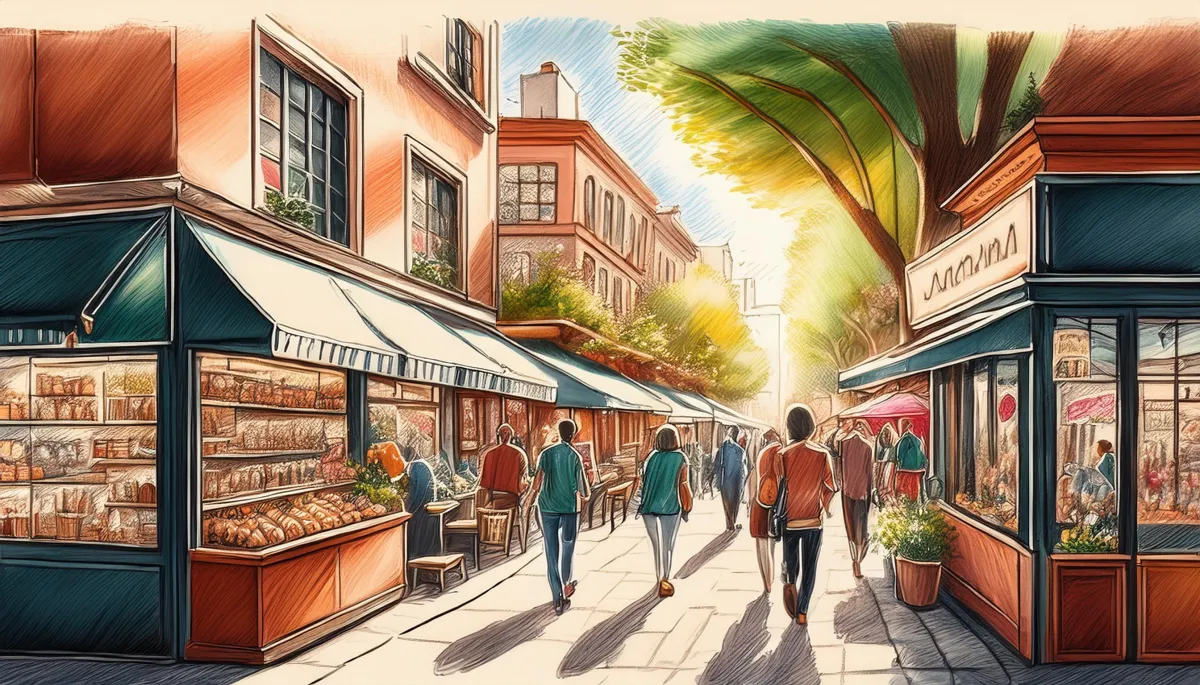 A modern retail street scene with small local stores and cafés, customers interacting with friendly shop owners, warm daylight, inviting community vibe, clean and authentic aesthetic