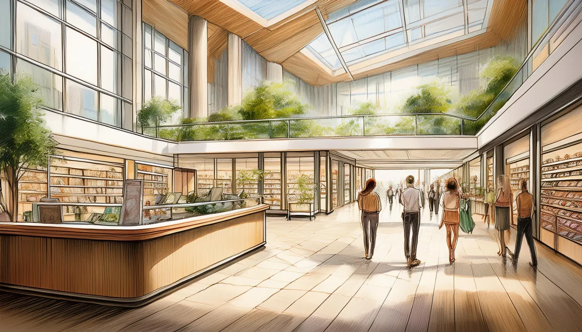 A wide, sunlit retail interior with natural textures, clean lines, and calm atmosphere.