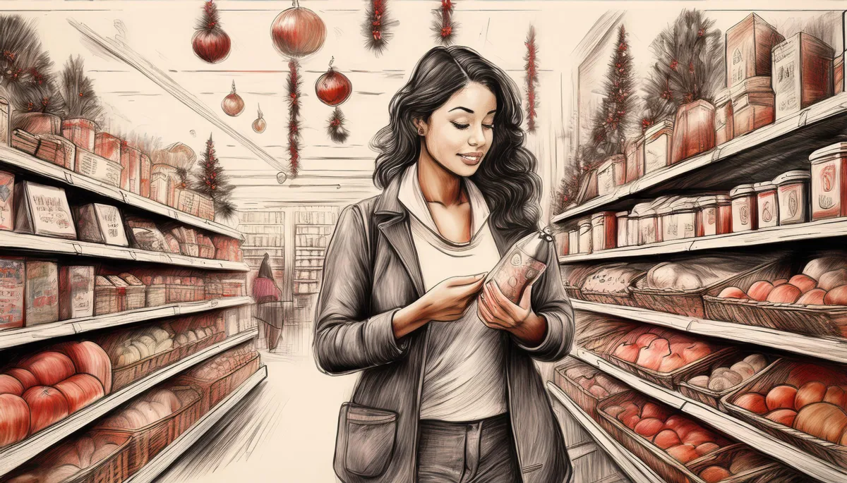A shopper pausing thoughtfully in the aisle during Thanksgiving weekend—holding a product, comparing options, with early holiday décor in the background