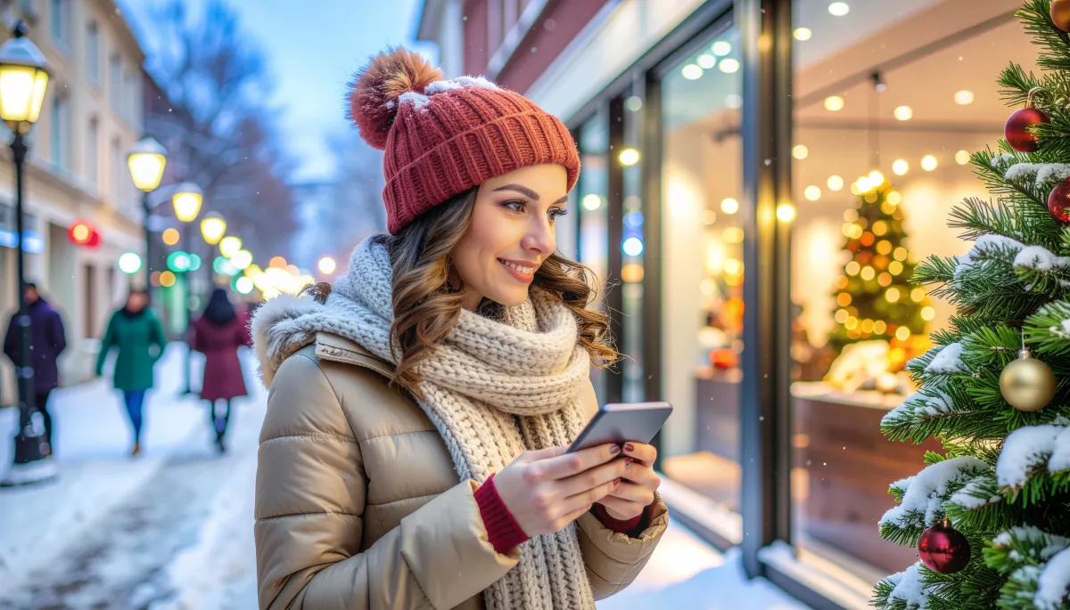 Person standing outside a warmly lit store on a December evening, pausing with a shopping list before going inside.