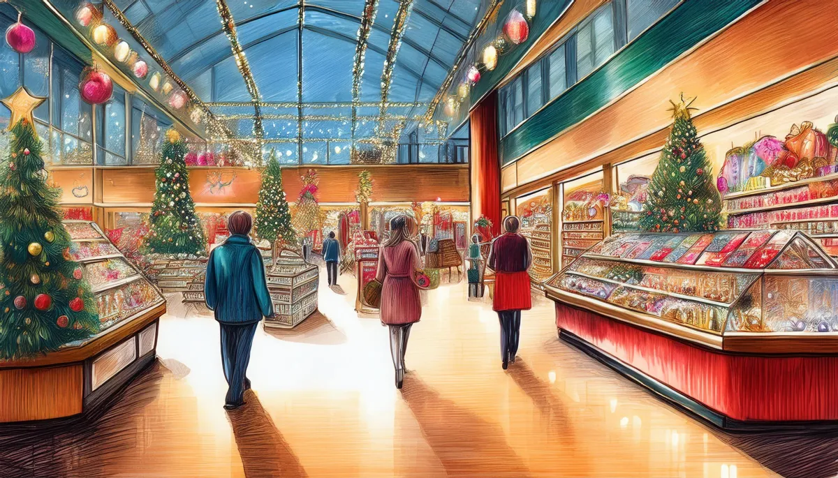 Shoppers browsing calmly in a holiday retail store, illustrating intentional shopping in December