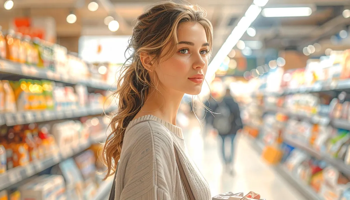 Shopper pausing thoughtfully in a retail store during the days before Christmas