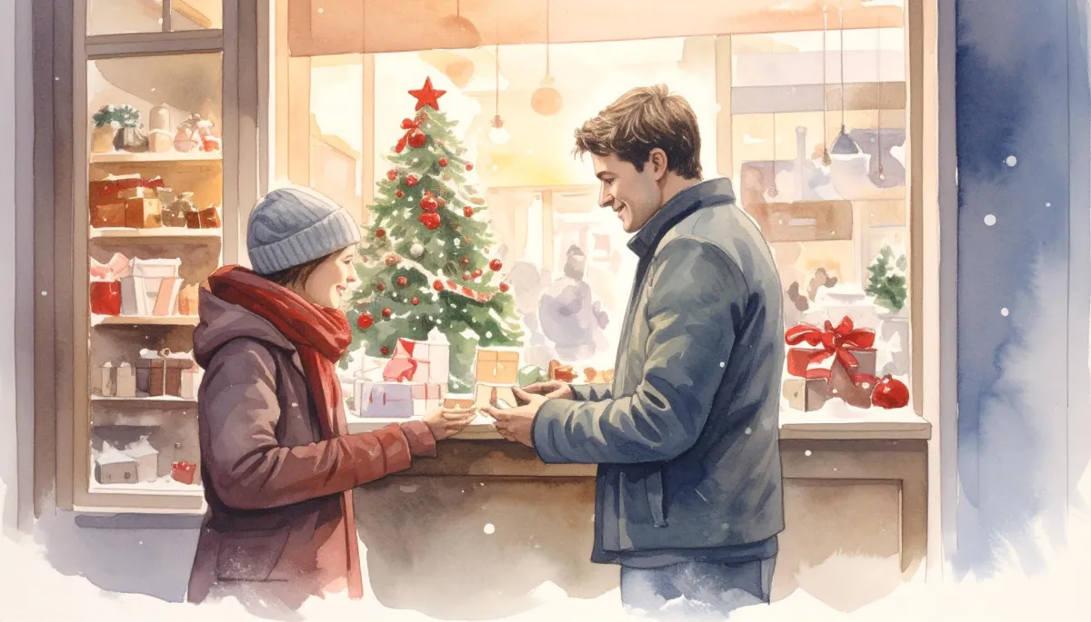 Retail associate assisting a customer in a calm store environment on Christmas Day.