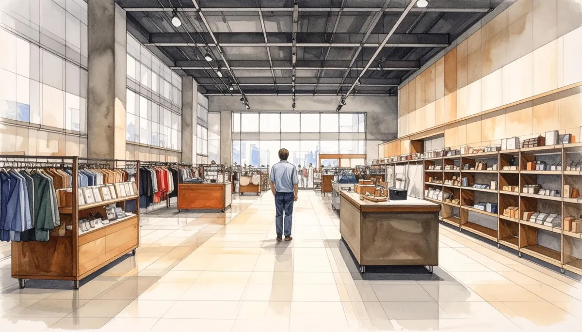 A retail space or warehouse in transition—displays partially dismantled, inventory staged, or a store floor being reset without customers present.