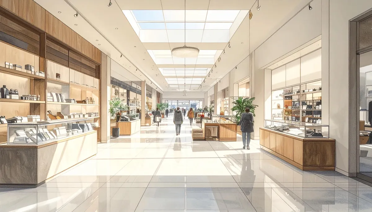 A wide, calm retail environment with minimal foot traffic—neutral tones, spaced displays, natural light. No sales signage.
