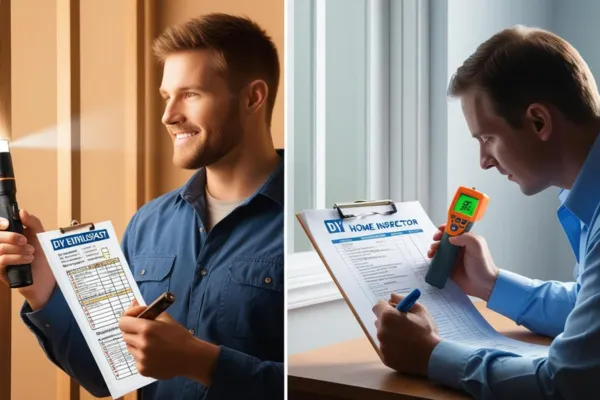 a person with basic tools like a flashlight and checklist and a professional home inspector using advanced tools like an infrared camera or moisture meter, with a detailed checklist or report.
