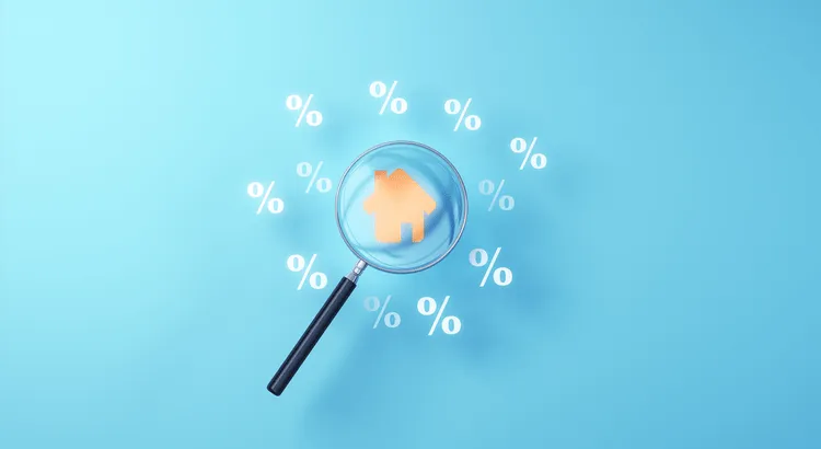 Magnifying glass, house icon on the middle, percentage signs on a light blue background