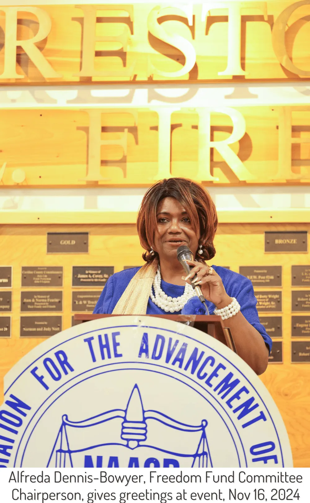 Alfreda Dennis-Bowyer, Freedom Fund Committee Chairperson gives greetings at the event, 2024