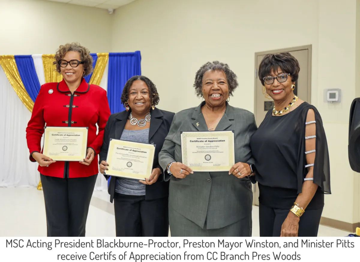 MSC Acting President Blackburne-Proctor, Preston Mayor Winston, and Minister Pitts receive Certificates of Appreciation from CC Branch President Woods