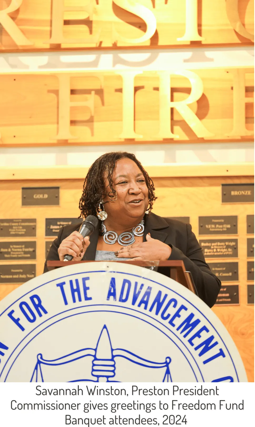 Savannah Winston, Preston President Commissioner, gives greetings to Freedom Fund Banquet Attendees, 2024