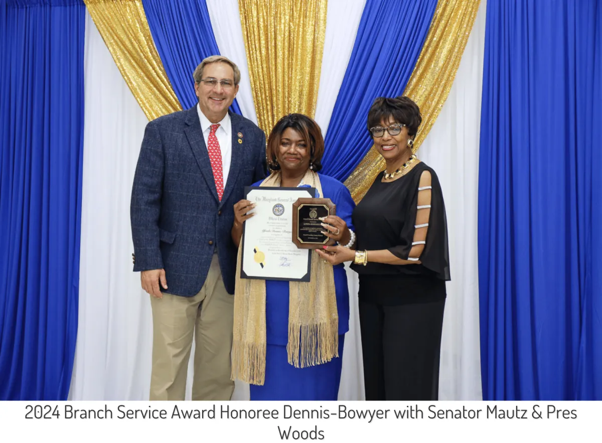 2024 Branch Service Award Honoree Dennis-Bowyer with Senator Mautz and President Woods