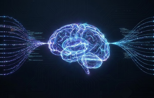 Abstrakte Darstellung von künstlicher Intelligenz mit digitalem Gehirn, Datenströmen und vernetzten Punkten, die das Thema KI-Erklärung visualisieren.