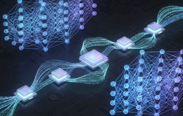 Technische Visualisierung der Funktionsweise von KI mit neuronalen Netzen, Datenströmen und abstrakten Rechenschichten.
