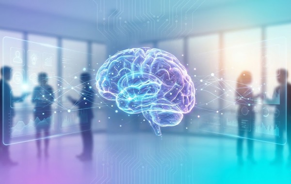 Abstrakte Visualisierung der Bedeutung von KI mit digitalem Gehirn, vernetzten Punkten und Menschen, die mit einem modernen Interface interagieren.