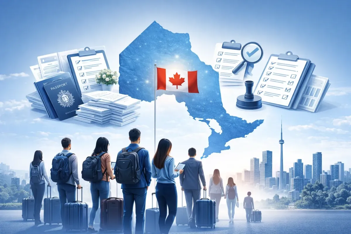 Illustration of Ontario map with Canadian flag and professionals arriving in Toronto skyline representing Ontario Immigrant Nominee Program expansion in 2026.