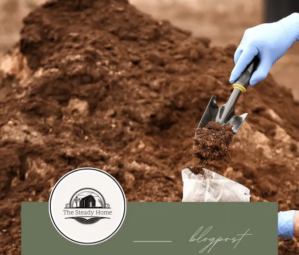 A gloved hand using a small garden trowel to scoop soil into a plastic bag, with a large pile of soil in the background.
