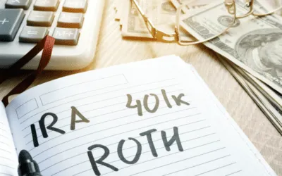 notebook with "IRA 401K ROTH" and money and calculator