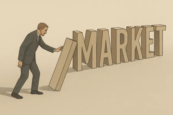 A semi-realistic digital illustration of a middle-aged, professionally dressed banker gently tipping the first domino in a long chain that spells out the word “MARKET.” The dominoes are oversized and arranged on a clean, muted background. The composition evokes calm control and metaphorical cause-and-effect, reflecting how subtle institutional actions can trigger large market movements.