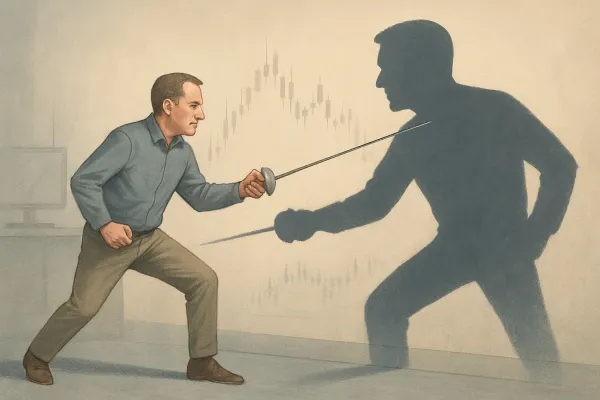 A semi-realistic editorial illustration shows a middle-aged man in smart-casual clothing lunging with a fencing sword at his own large shadow cast on the wall. The background features faint candlestick chart patterns, subtly tying the scene to trading. The color palette is muted and earthy, emphasizing the emotional struggle and introspective nature of revenge trading.