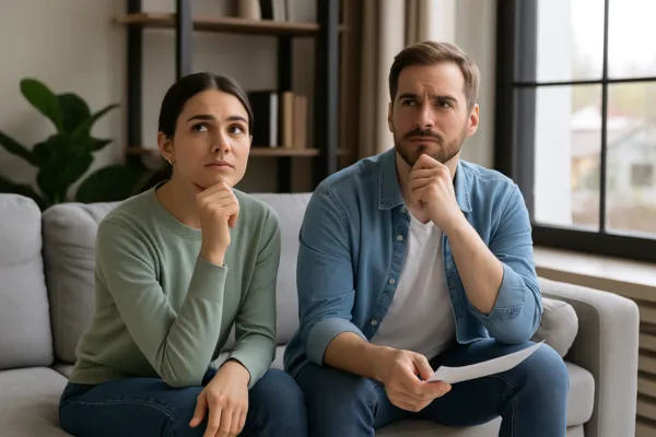 Jeune couple assis dans un salon moderne, pensif et en discussion avec des documents en main, illustrant la réflexion autour d’un projet immobilier à l’automne 2025.