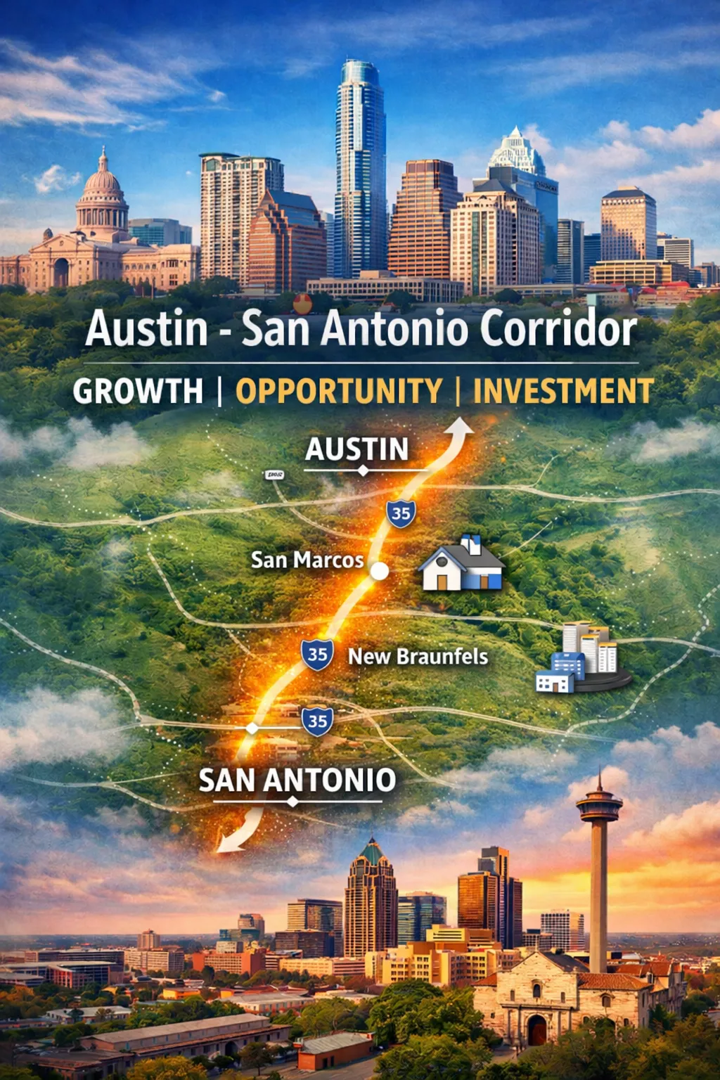 Map illustration of the Austin–San Antonio corridor highlighting population growth, housing demand, and investment activity along Interstate 35