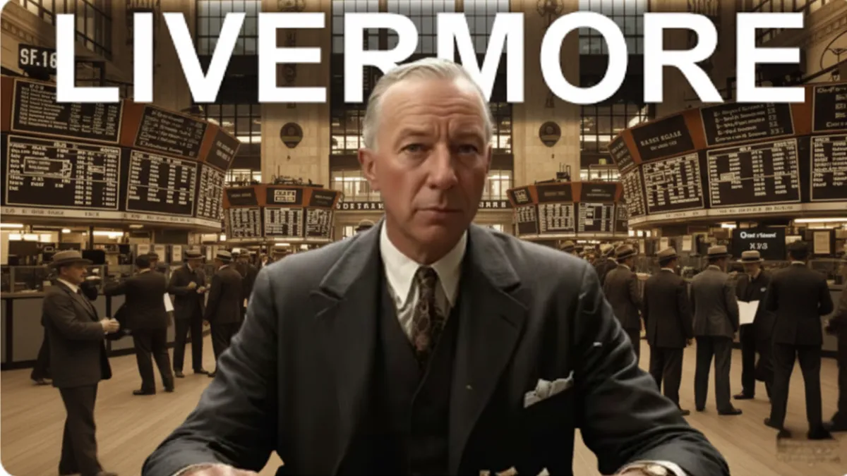 Retrato clásico de Jesse Livermore analizando la cinta de cotización con un enfoque de alto riesgo.