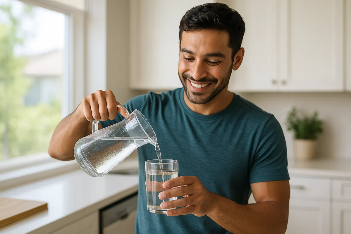 A health-conscious man in his early 30s pours filtered water from a glass pitcher into a tumbler in a bright kitchen, smiling and enjoying a healthy lifestyle. Sunlight streams in, and the scene represents wellness and natural care as promoted by Naturopathic Physicians Group in Scottsdale, Arizona.